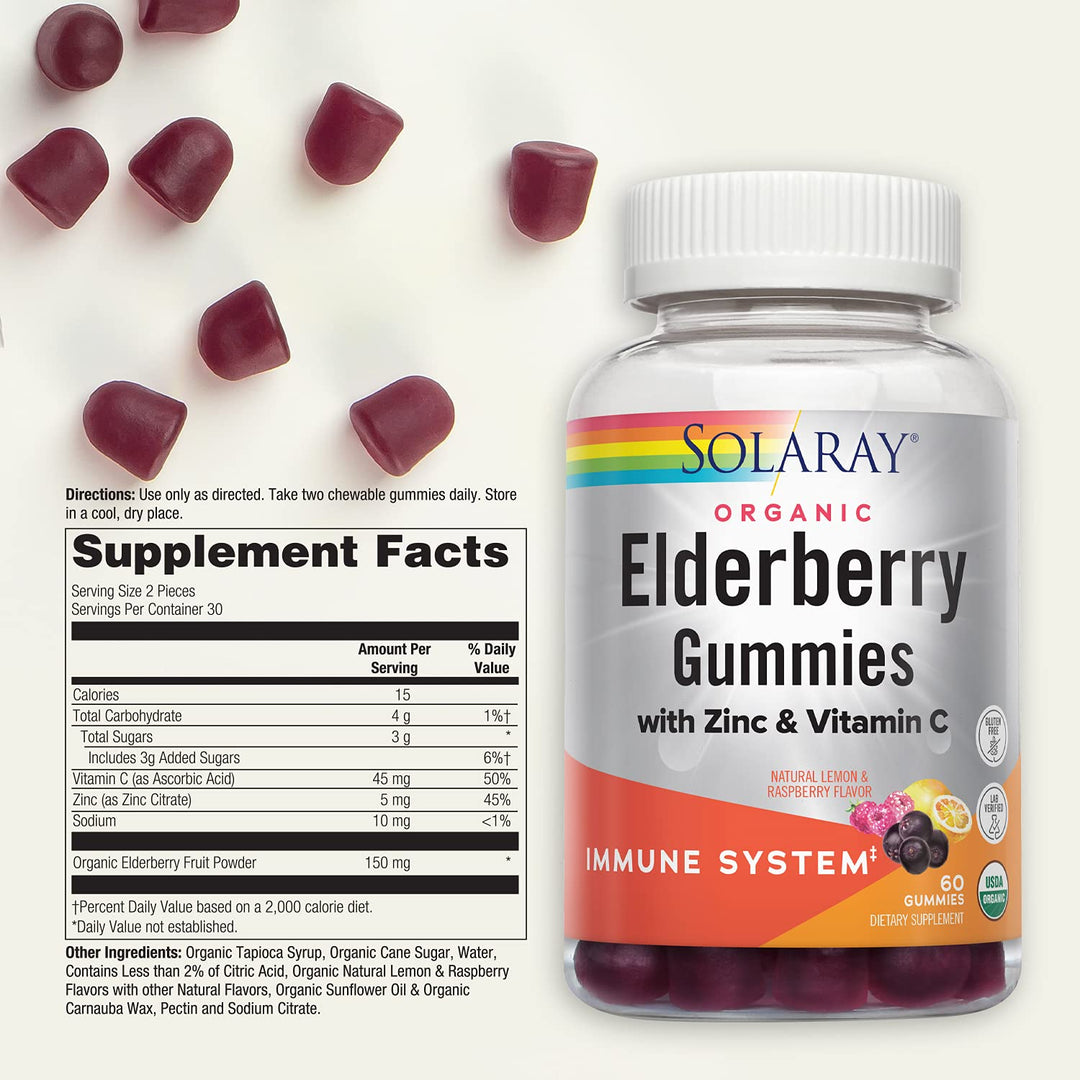 SOLARAY Organic Elderberry Gummies w/Zinc &amp; Vitamin C | Healthy Immune System Support | Gluten Free | 30 Serv, 60 Ct