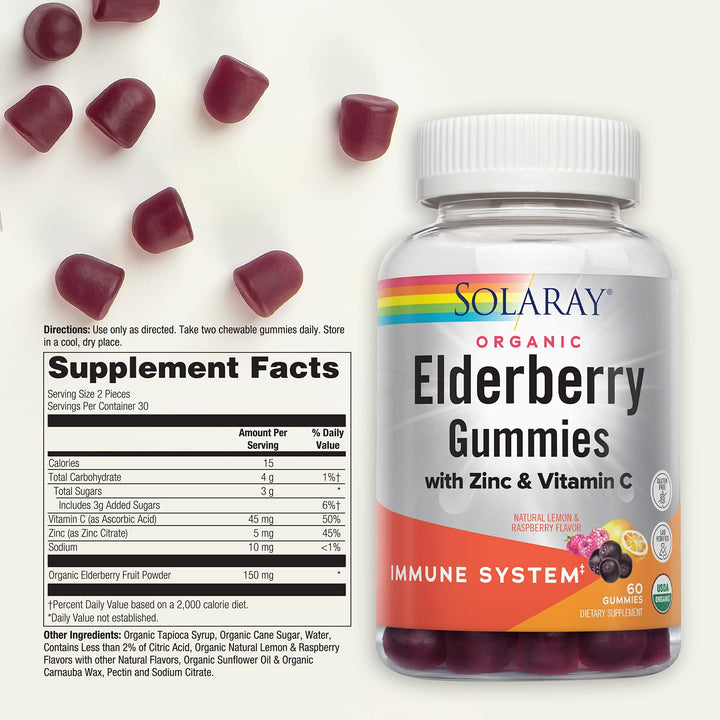 SOLARAY Organic Elderberry Gummies w/Zinc &amp; Vitamin C | Healthy Immune System Support | Gluten Free | 30 Serv, 60 Ct