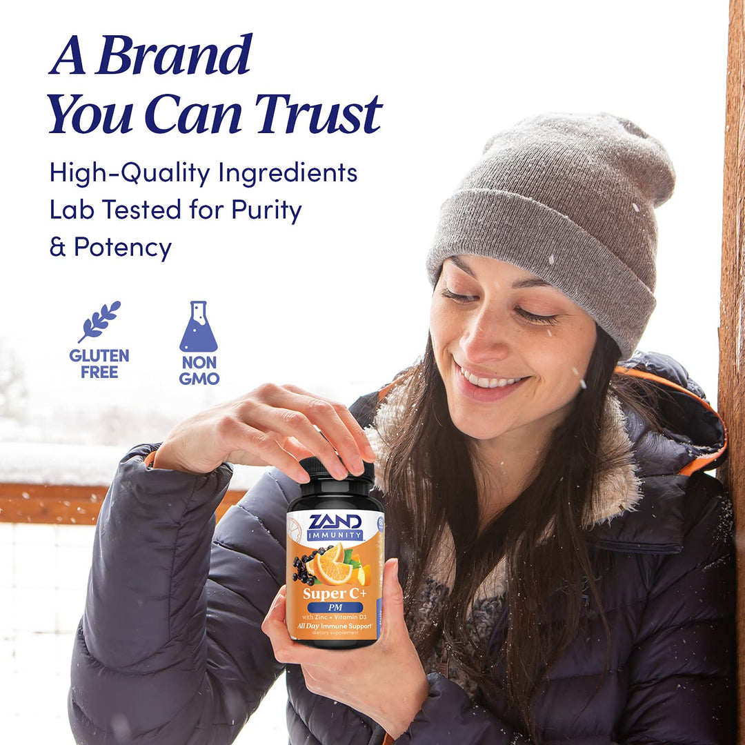Zand Immunity Super C+ PM, Nighttime Immune Support Plus Melatonin, 1000mg PureWay-C Vitamin C, Zinc, D3 &amp; Elderberry, Enhanced Absorption - 60 Tablets, 30 Servings