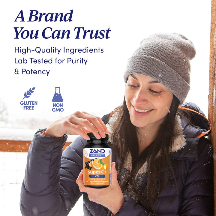 Zand Immunity Super C+ PM, Nighttime Immune Support Plus Melatonin, 1000mg PureWay-C Vitamin C, Zinc, D3 &amp; Elderberry, Enhanced Absorption - 60 Tablets, 30 Servings
