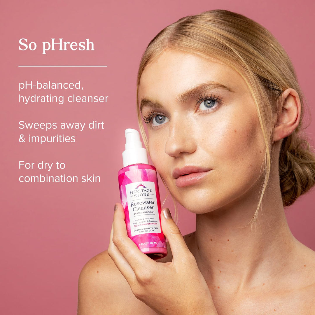 HERITAGE STORE Rosewater Facial Cleanser - Milk Face Wash Purifies and Nourishes w/Squalane, Rose Complex, Dry Skin to Combination Skin Care, Hypoallergenic, pH Balanced, Vegan, 60-Day Guarantee, 4oz