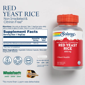 SOLARAY Red Yeast Rice 600mg Healthy Heart & Cardiovascular System Support, Non-Irradiated & No Citrinin, Lab Verified, 120 VegCaps - The Oasis of Health