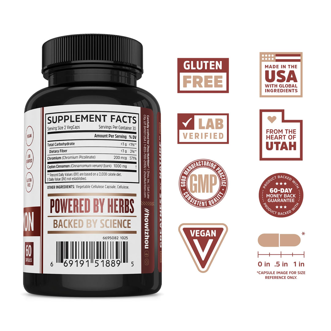 ZHOU Heart Hero Ceylon Cinnamon - Ceylon Cinnamon Capsules for Women and Men, Cinnamon Verum Supplement with 1200 mg Per Serving for Heart and Joint Health - 60 Veggie Capsules