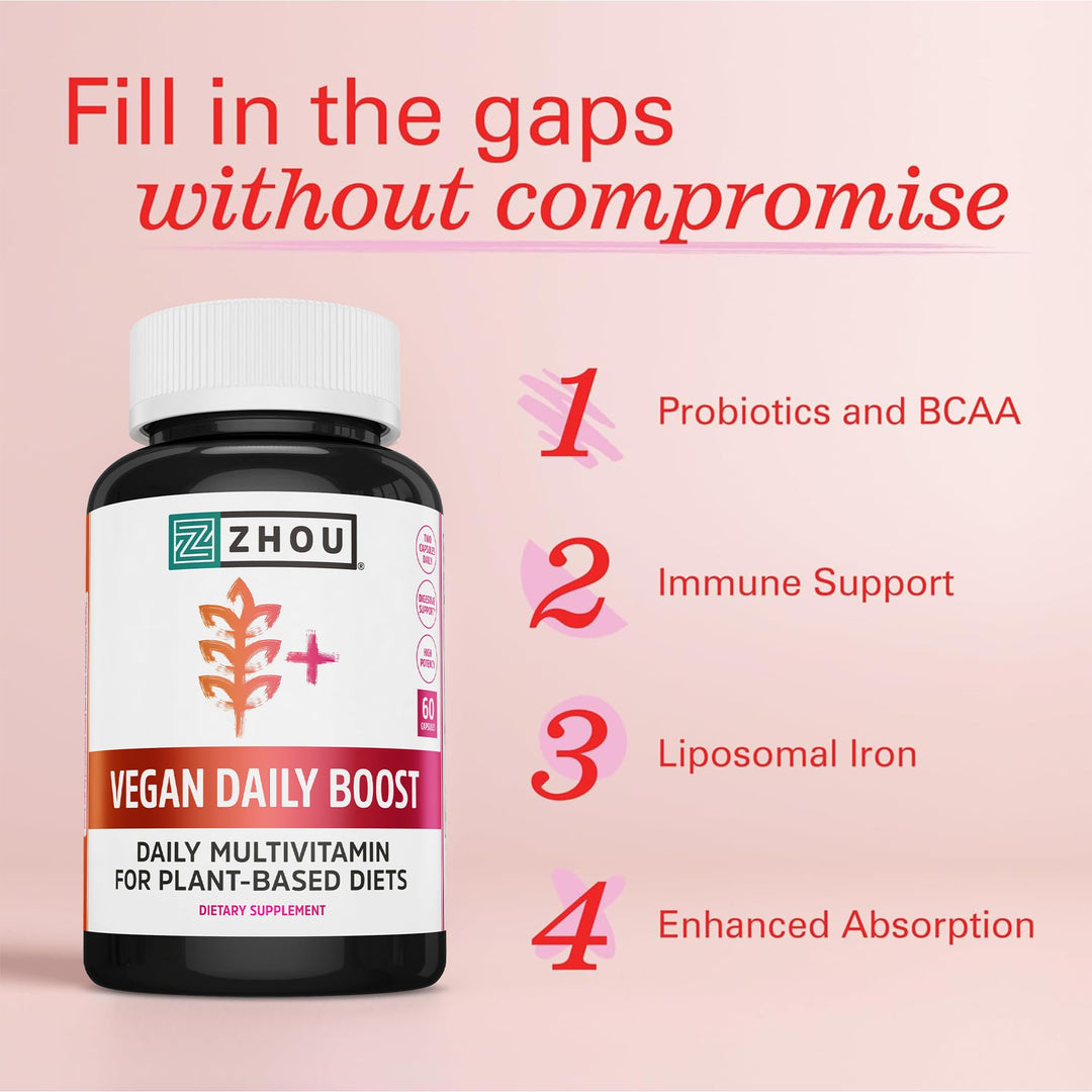 Zhou Vegan Multivitamin for Women &amp; Men, Daily Vegan Supplement, Essential Multi Vitamin with Iron &amp; Zinc for Energy, Vitality, Immune Support, &amp; Whole Body Health - 60 Veg Caps