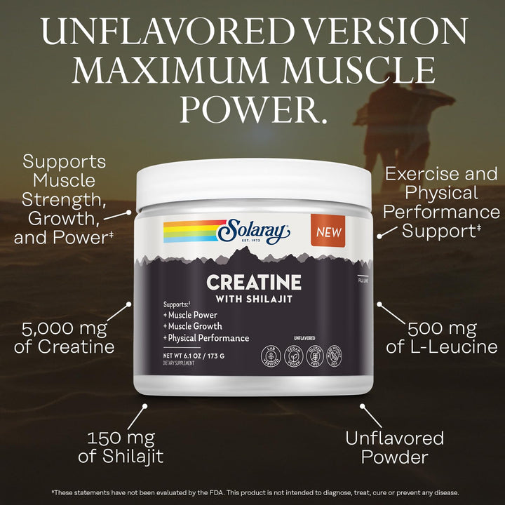 SOLARAY Creatine with Shilajit – Muscle Power and Growth Support with Creatine Monohydrate and L-Leucine Amino Acids – Unflavored Powder – Vegan, Gluten Free – 30 Servings, 6.1 OZ