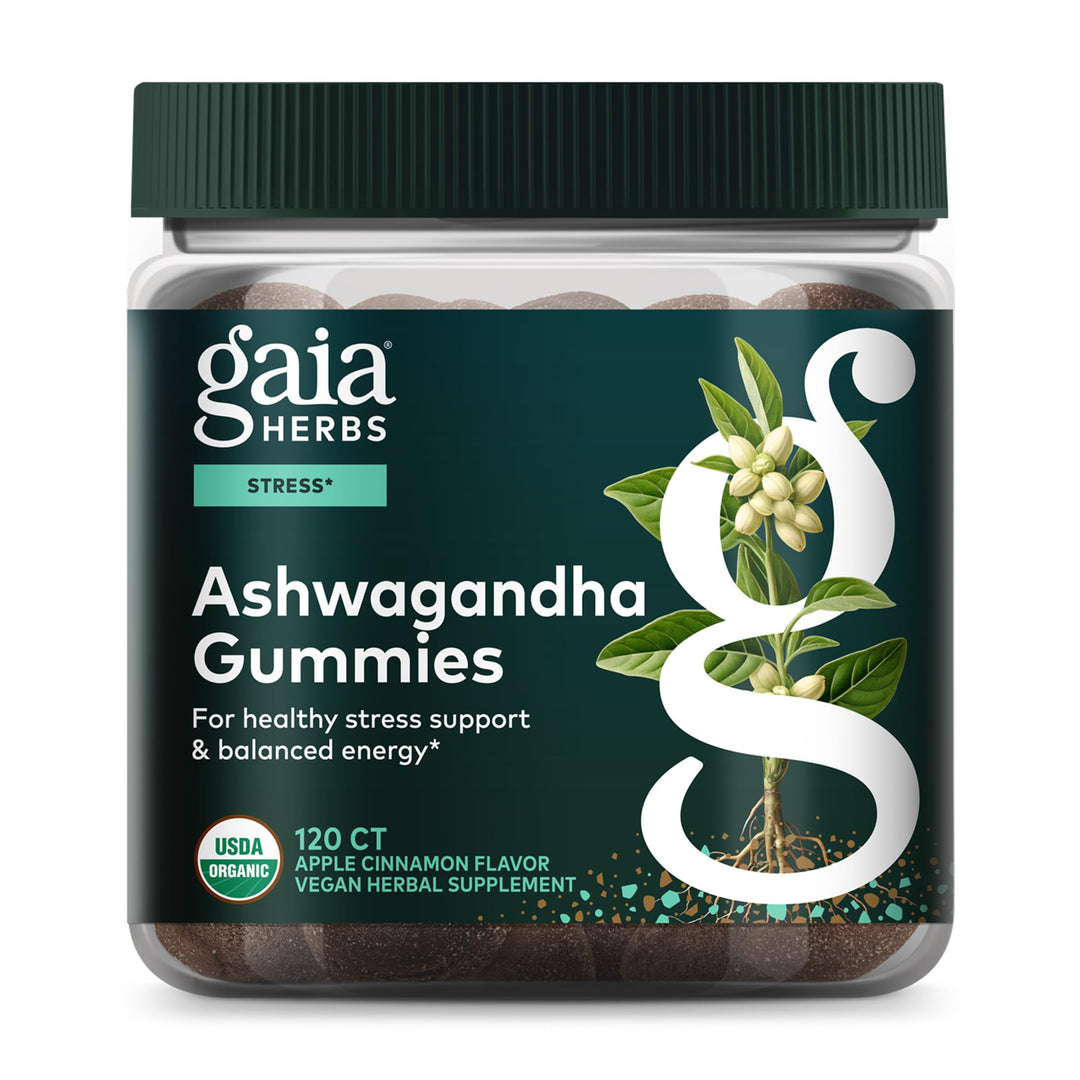 Gaia Herbs Organic Ashwagandha Gummies - Stress Support* - Made with Cinnamon &amp; Ginger - Gluten Free &amp; Vegan - 120 Count (40 Servings)