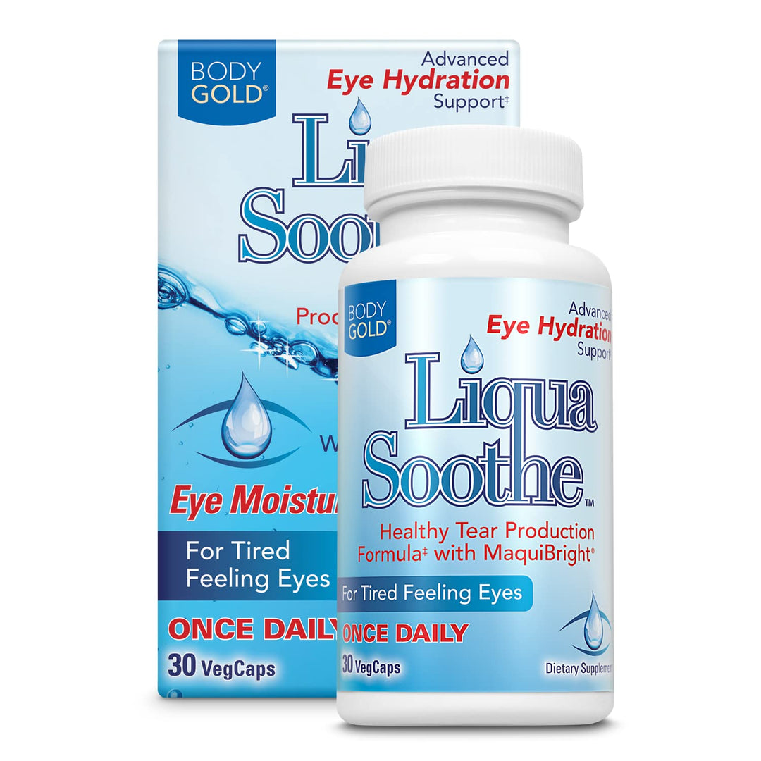 Body Gold Liqua Soothe Eye Health Supplement, Healthy Tear Production Formula for Dry, Tired Feeling Eyes, w/MaquiBright, Vitamin A, Lutein and Hyaluronic Acid, 60 Day Guarantee, 30 Serv, 30 VegCaps
