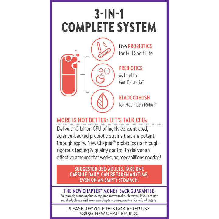 New Chapter All-Flora Probiotic Menopause Balance, Ultra-Concentrated Probiotics for Women with Black Cohosh for Menopause Hot Flashes, 100% Vegan, 30 Vegan Capsules