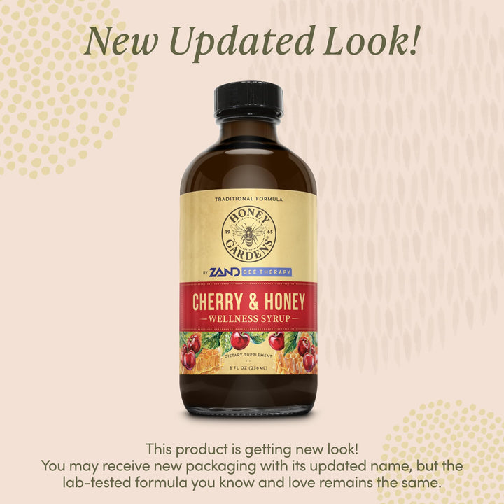 Honey Gardens Cherry &amp; Honey Soothing Throat Syrup, Apitherapy Formula with Organic Raw Honey, Organic Apple Cider Vinegar, Black Cherry, and Herbal Extracts, 48 Servings, 8 FL. OZ.