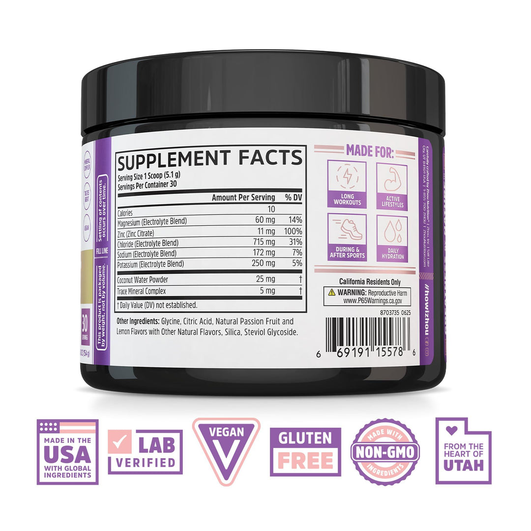 ZHOU Hydro-Fuel - Electrolytes Powder, Sugar Free Hydration Drink Mix w/Magnesium, Zinc, Potassium &amp; Sodium, Minerals &amp; Coconut Water Extract, No Sugar - Passionfruit Lemonade, 5.43 oz (30 Servings)