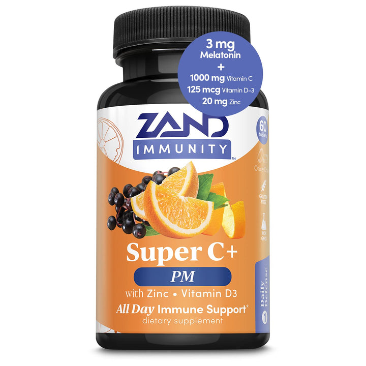 Zand Immunity Super C+ PM, Nighttime Immune Support Plus Melatonin, 1000mg PureWay-C Vitamin C, Zinc, D3 &amp; Elderberry, Enhanced Absorption - 60 Tablets, 30 Servings