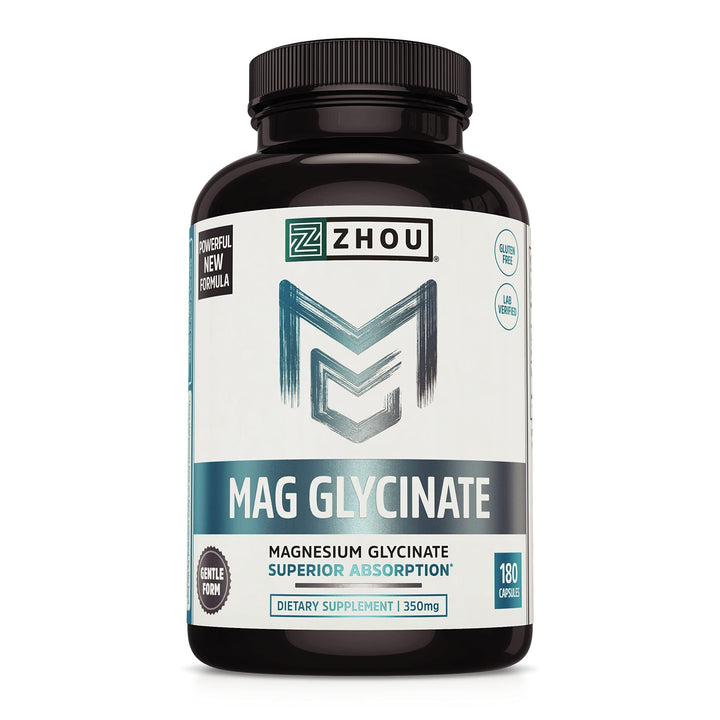 Zhou Magnesium Glycinate - Pure Mag Glycenate Supplement for Men &amp; Women, Natural Sleep Aid, Heart Health Support, Muscle Relaxation &amp; Vitality - 180 Vegan Friendly Capsules