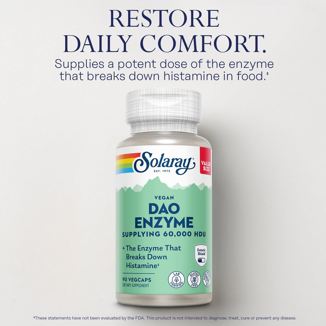 SOLARAY DAO Enzyme - Digestive Enzyme That Breaks Down Histamine - 60,000 HDU - Digestive Enzymes - Vegan, Gluten Free, Lab Verified - 90 Servings, 90 VegCaps