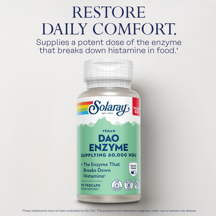 SOLARAY DAO Enzyme - Digestive Enzyme That Breaks Down Histamine - 60,000 HDU - Digestive Enzymes - Vegan, Gluten Free, Lab Verified - 90 Servings, 90 VegCaps