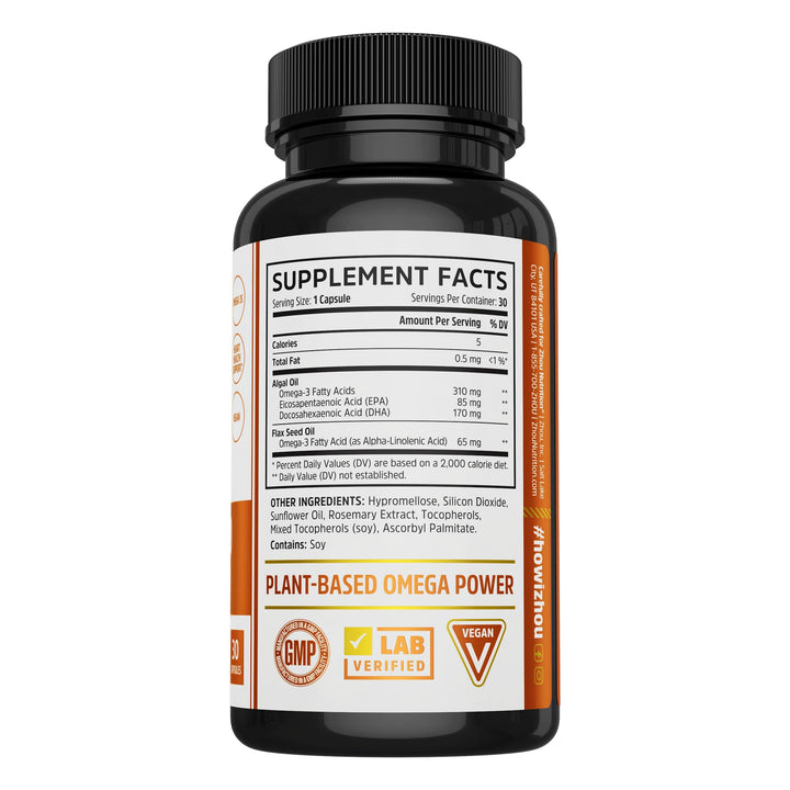 ZHOU Plant-Based Omegas - Vegan Omega 3 Supplement, EPA and DHA Algae Oil Capsules, from Algae &amp; Flaxseed, Supports Heart Health for Women and Men, Vegan - 30 Vegetarian Capsules