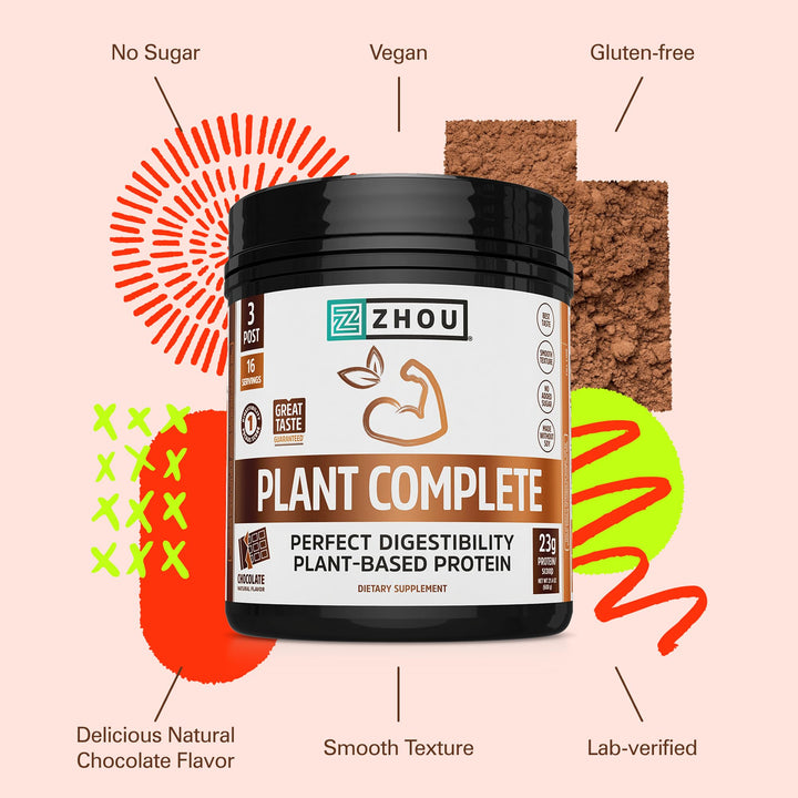 Zhou Plant Complete Vegan Protein Powder - Plant Based Protein Powder for Women &amp; Men, Non Dairy Rice &amp; Pea Blend for Smoothies &amp; Shakes, 21g Protein Per Serving - Chocolate, 17.7oz (16 Servings)
