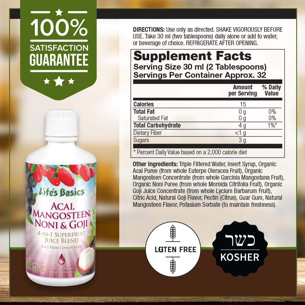 Lifetime Acai, Mangosteen, Noni &amp; Goji Superfruit Juice Blend | Dynamic Antioxidant, No Gluten | For Healthy Circulation &amp; Immunity | 32 FL oz