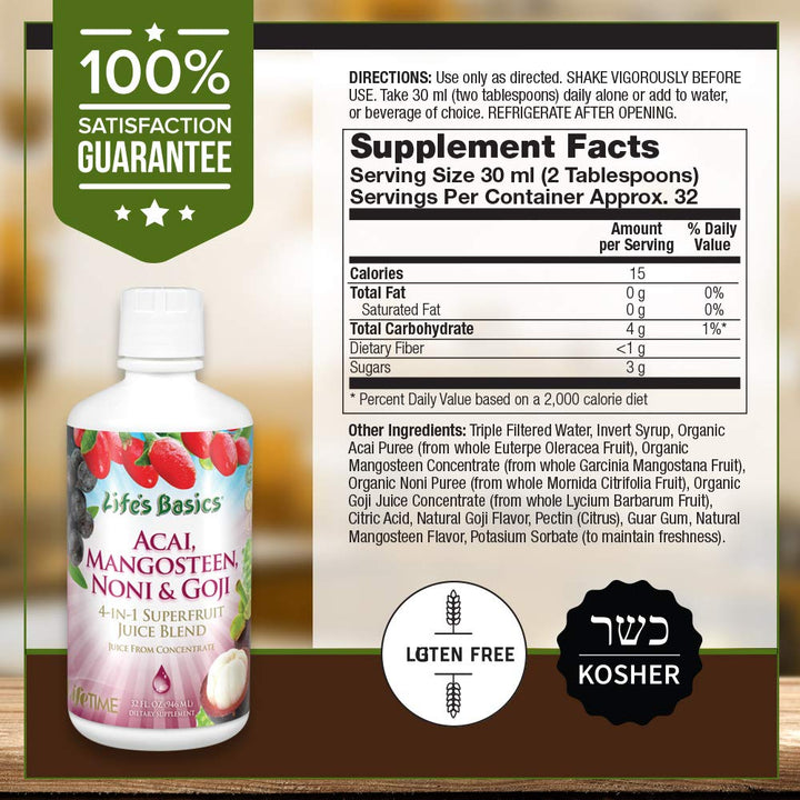 Lifetime Acai, Mangosteen, Noni &amp; Goji Superfruit Juice Blend | Dynamic Antioxidant, No Gluten | For Healthy Circulation &amp; Immunity | 32 FL oz