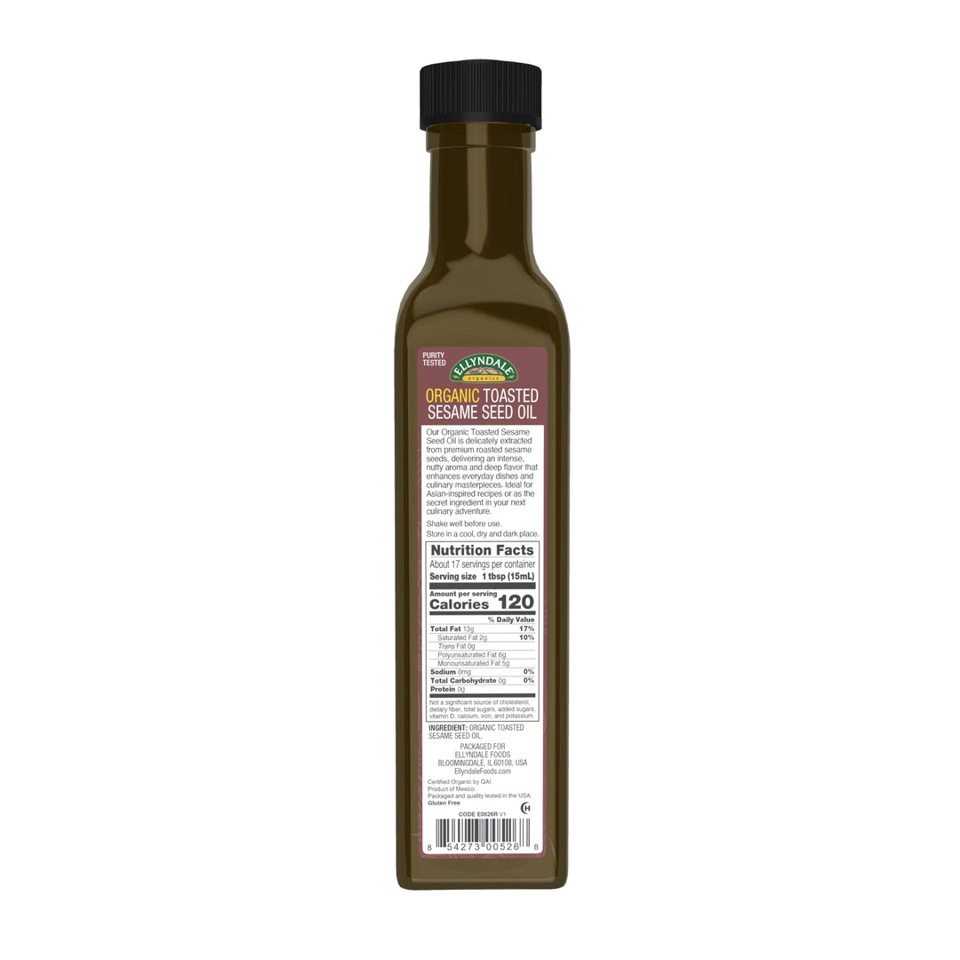 Ellyndale Toasted and Organic Sesame Seed Oil, 8.45 fl. oz. Glass Bottle, Non-GMO Project Verified