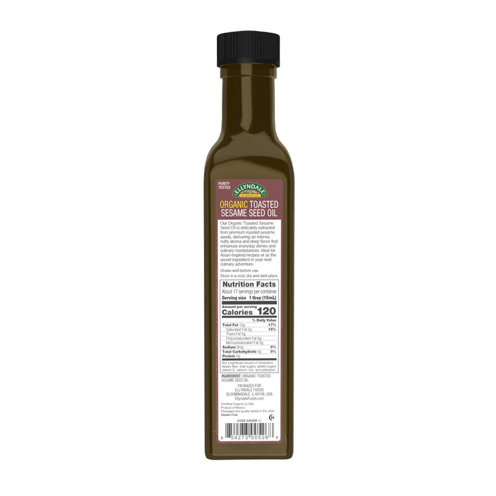 Ellyndale Toasted and Organic Sesame Seed Oil, 8.45 fl. oz. Glass Bottle, Non-GMO Project Verified
