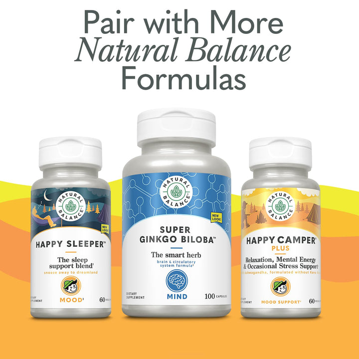 Natural Balance Happy Camper Plus - Supports Relaxation, Mental Energy, Occasional Stress w/KSM-66 Ashwagandha, L Theanine 200mg, Passion Flower, Lemon Balm, Holy Basil, 60-Day Guarantee, 30 Servings