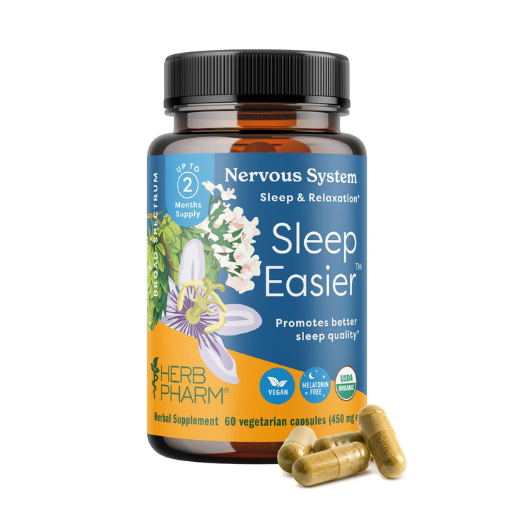 Herb Pharm Sleep Easier Capsules with Valerian Root &amp; Rhizome, Passionflower &amp; Hops. Melatonin Free Certified Organic Herbal Sleep Aid for Adults, Vegan, ~30-60 Day Supply, 60 Capsules*