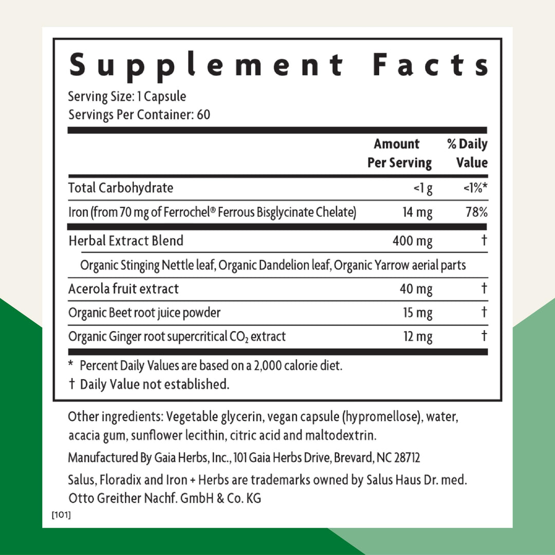 Floradix Iron + Herbs - Iron Supplement for Healthy Energy Support* - Supports Red Blood Cell Formation - Vegan, Non-GMO, Gluten-Free, Soy-Free - 60 Liquid Phyto-Caps