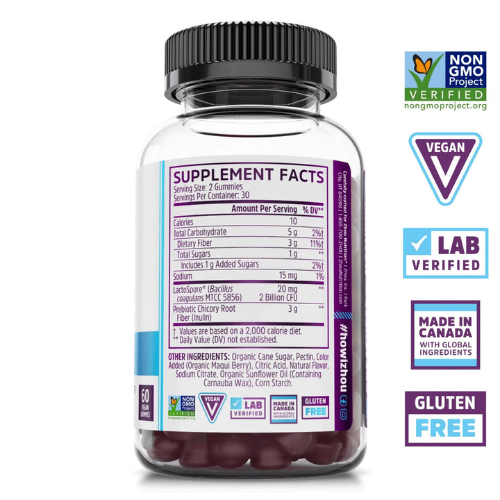 Zhou Gut Guru - Gut Health Gummies for Men and Women, Prebiotic and Probiotic Fiber Supplement for Digestion and Gut Health Support, Gluten Free, Non-GMO - 60 Vegan Gummies