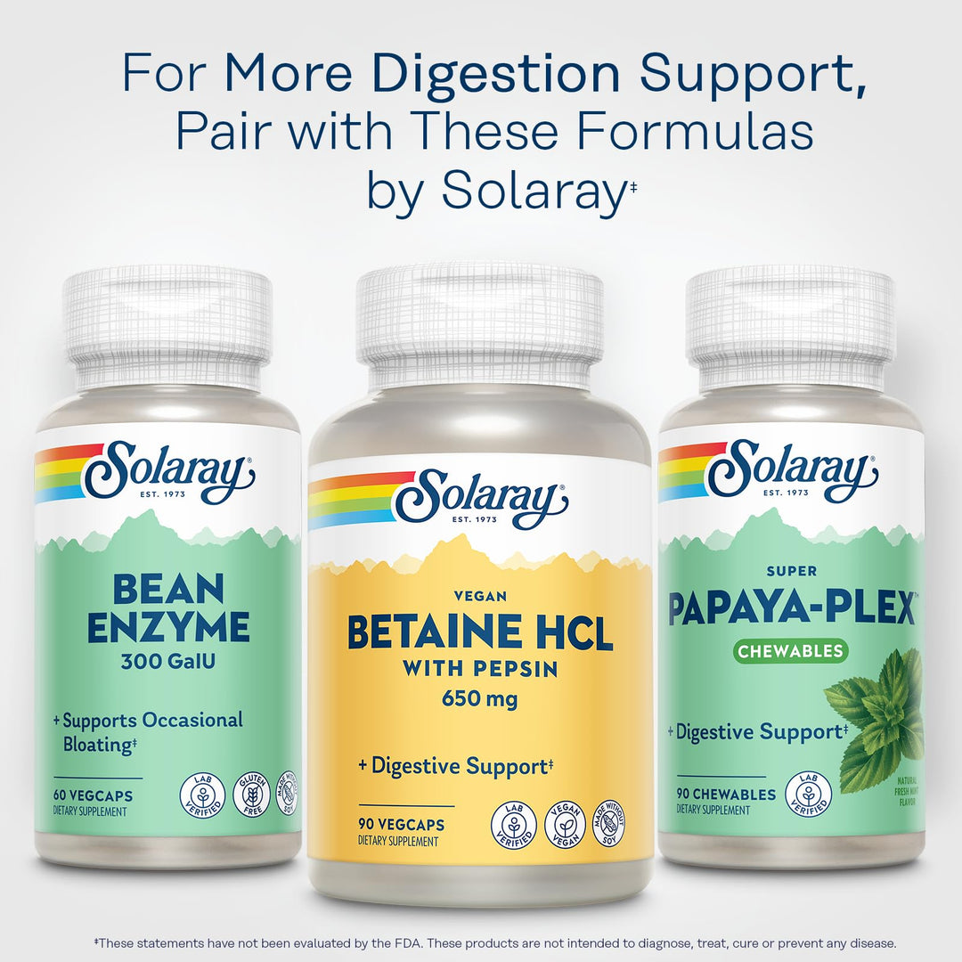 SOLARAY Vegan Betaine HCL with Pepsin - Hydrochloric Acid Supplement for Digestive Health - with Betaine Hydrochloride and Digestive Enzymes - Gut Health Support - 60-Day Guarantee, 90 VegCaps