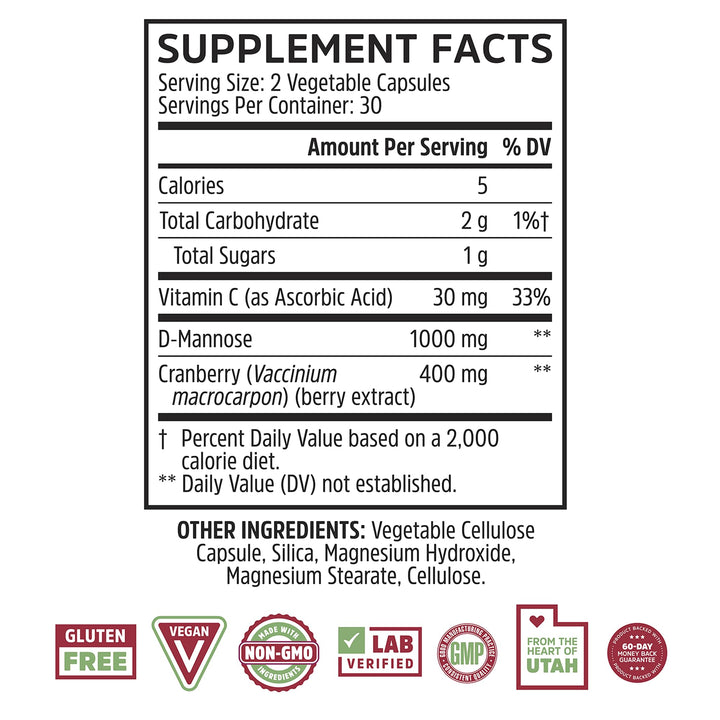 Zhou Cran-Defense - Cranberry Pills for Women &amp; Men, D Mannose with Cranberry Extract, 1000 mg D-Mannose Per Serving for Urinary Tract Health, Antioxidant Support - 60 Veggie Capsules