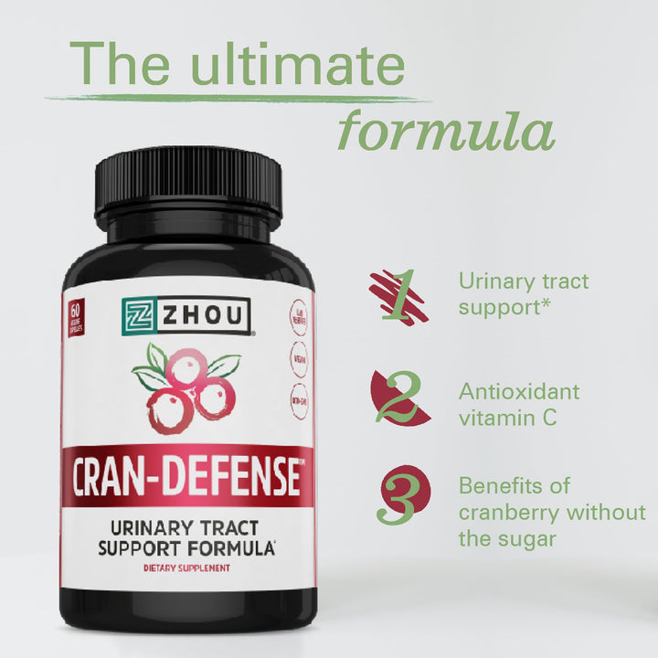 Zhou Cran-Defense - Cranberry Pills for Women &amp; Men, D Mannose with Cranberry Extract, 1000 mg D-Mannose Per Serving for Urinary Tract Health, Antioxidant Support - 60 Veggie Capsules