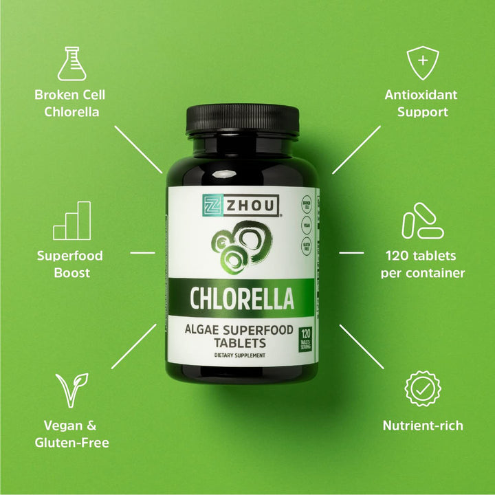Zhou Chlorella Tablets - Chlorella Supplement, Chlorophyll Vitamins, Pure Green Algae Superfood, Nutrient Rich Super Food Pills, Broken Cell Wall - 120 Vegan Tablets