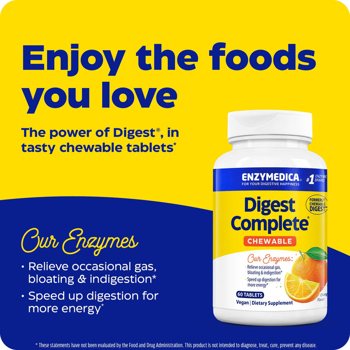 Enzymedica Digest Complete Chewable - Digestive Enzyme Supplement for Women &amp; Men, Chewable Enzyme Tablets for Digestion, Gut Health Support, Helps Gas &amp; Bloating, Energy Support, Vegan - 60 Tablets