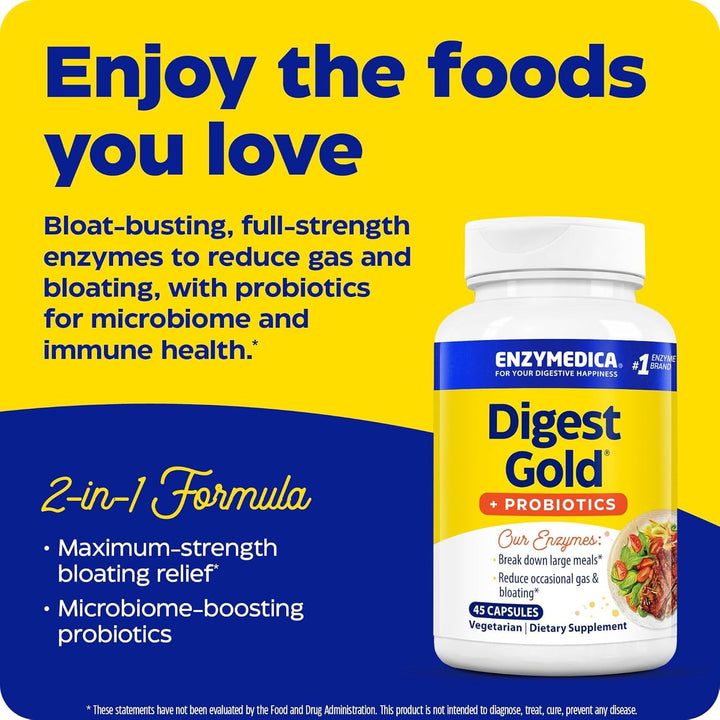Enzymedica Digest Gold + Probiotics, 2-in-1 Formula for Gut Health, Digestive Enzymes &amp; 1 Billion Active Probiotic Cultures, 45 Count - The Oasis of Health