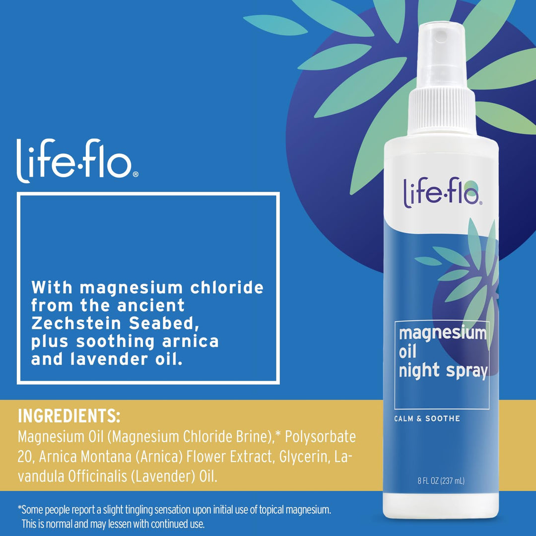 Life flo Magnesium Oil Night Spray - Pure Magnesium Oil Spray for Feet and Body, Sourced from Zechstein Seabed and Infused with Lavender, Calming for Adults and Kids, Cruelty-Free - 8 fl oz