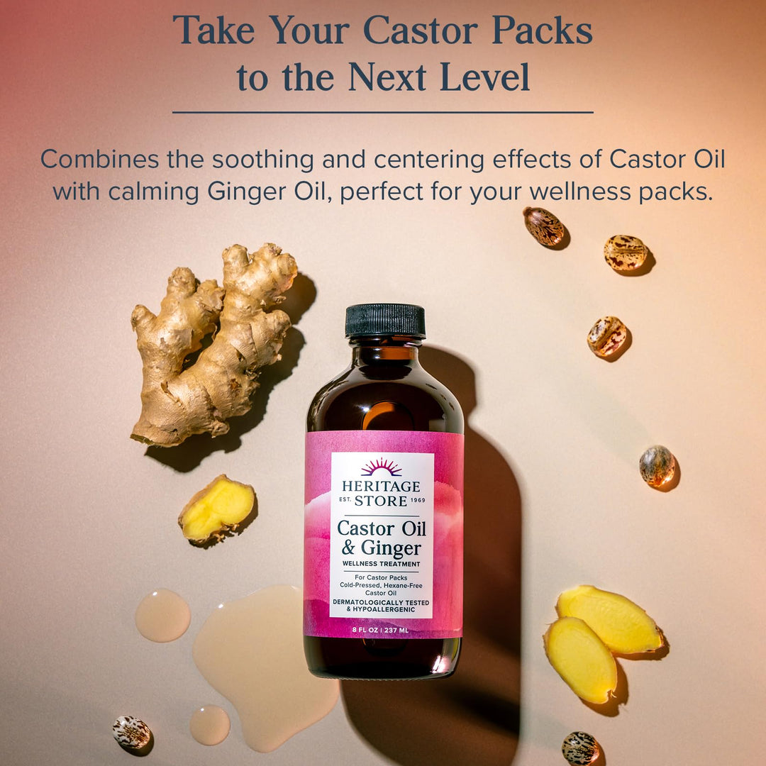 HERITAGE STORE Castor Oil &amp; Ginger - Cold Pressed Organic Castor Oil Pack Wrap - Heat Compress for Abdomen, Joints, Overall Wellness with Calming Ginger - Hypoallergenic, Vegan, 60-Day Guarantee, 8oz