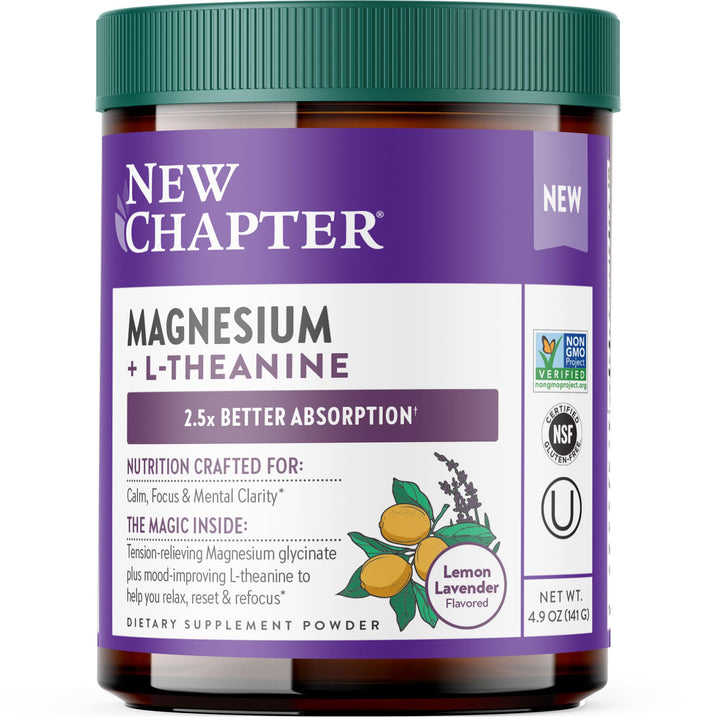 New Chapter Magnesium Glycinate + L-Theanine Supplement Powder, with 325 mg Magnesium &amp; L-Theanine 200 mg for Calm, Focus, Mental Clarity, Muscle Relaxation &amp; Cortisol Balance*, 30 Servings