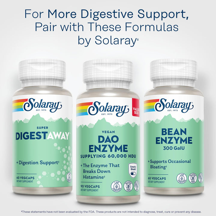 SOLARAY DAO Enzyme - Digestive Enzyme That Breaks Down Histamine - 60,000 HDU - Digestive Enzymes - Vegan, Gluten Free, Lab Verified - 90 Servings, 90 VegCaps