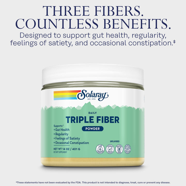 SOLARAY Triple Fiber Powder - Daily Fiber Supplement for Women and Men w/Prebiotics - Gut Health, Occasional Constipation, Digestive Health Support, Unflavored, Vegan, Gluten Free, 30 Servings, 14oz