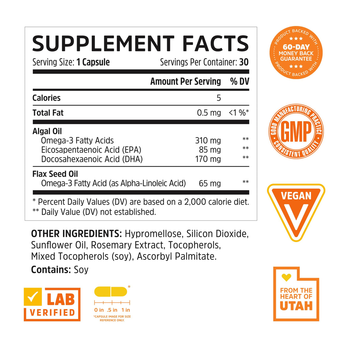 ZHOU Plant-Based Omegas - Vegan Omega 3 Supplement, EPA and DHA Algae Oil Capsules, from Algae &amp; Flaxseed, Supports Heart Health for Women and Men, Vegan - 30 Vegetarian Capsules