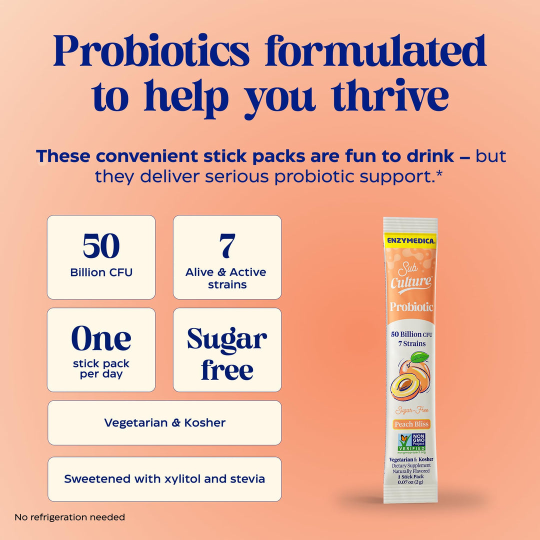 Enzymedica SubCulture Probiotic Drink Mix Powder for Women &amp; Men - Probiotics for Digestive &amp; Gut Health Support, 50 Billion CFU, Travel Friendly Stick Packs, Sugar Free - Berry Blast, 20 Count