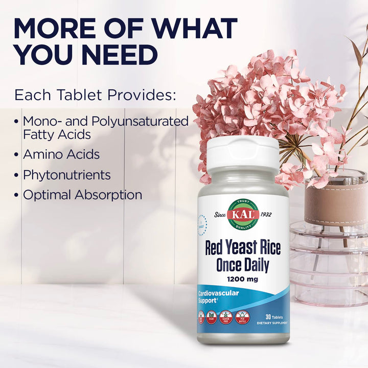 KAL Red Yeast Rice Once Daily 1200mg, Cardiovascular Support* Supplement with Naturally Occurring Unsaturated Fatty Acids, Amino Acids &amp; Phytonutrients, Vegan, Gluten Free, 30 Servings, 30 Tablets