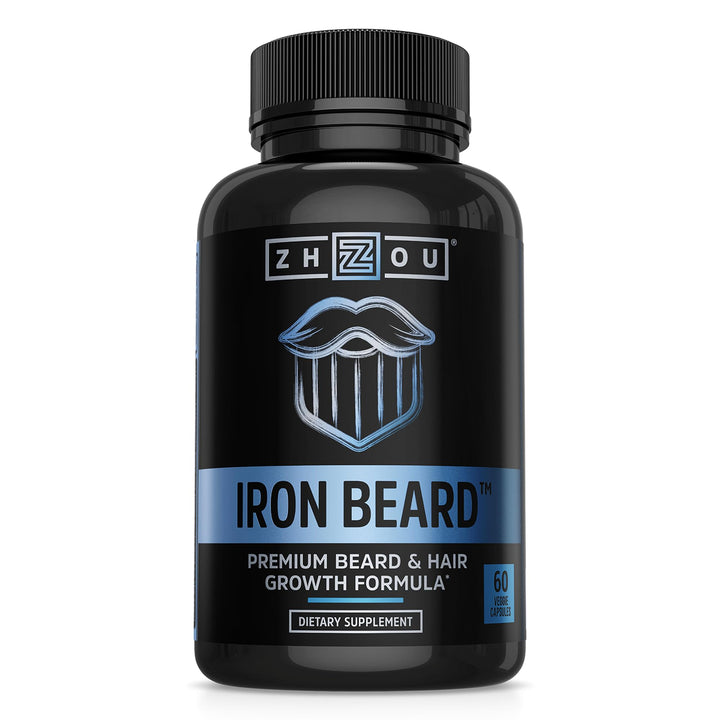 Zhou Iron Beard - Beard Growth Vitamins Men, Premium Biotin, Saw Palmetto &amp; B Vitamin Pills to Support Facial Hair, Beard Care Supplement for Full Beard - 60 Veggie Capsules