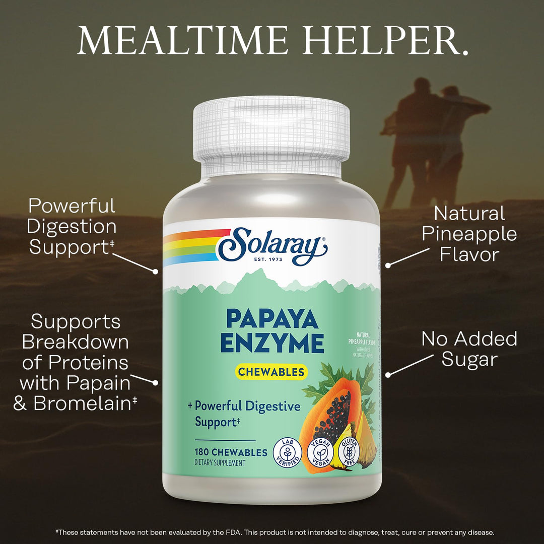 SOLARAY Papaya Enzymes Chewable Tablets - Digestive Enzymes for Powerful Digestive Support - with Papain and Bromelain - Natural Pineapple Flavor - Vegan, Gluten Free, 60-Day Guarantee, 180 Servings