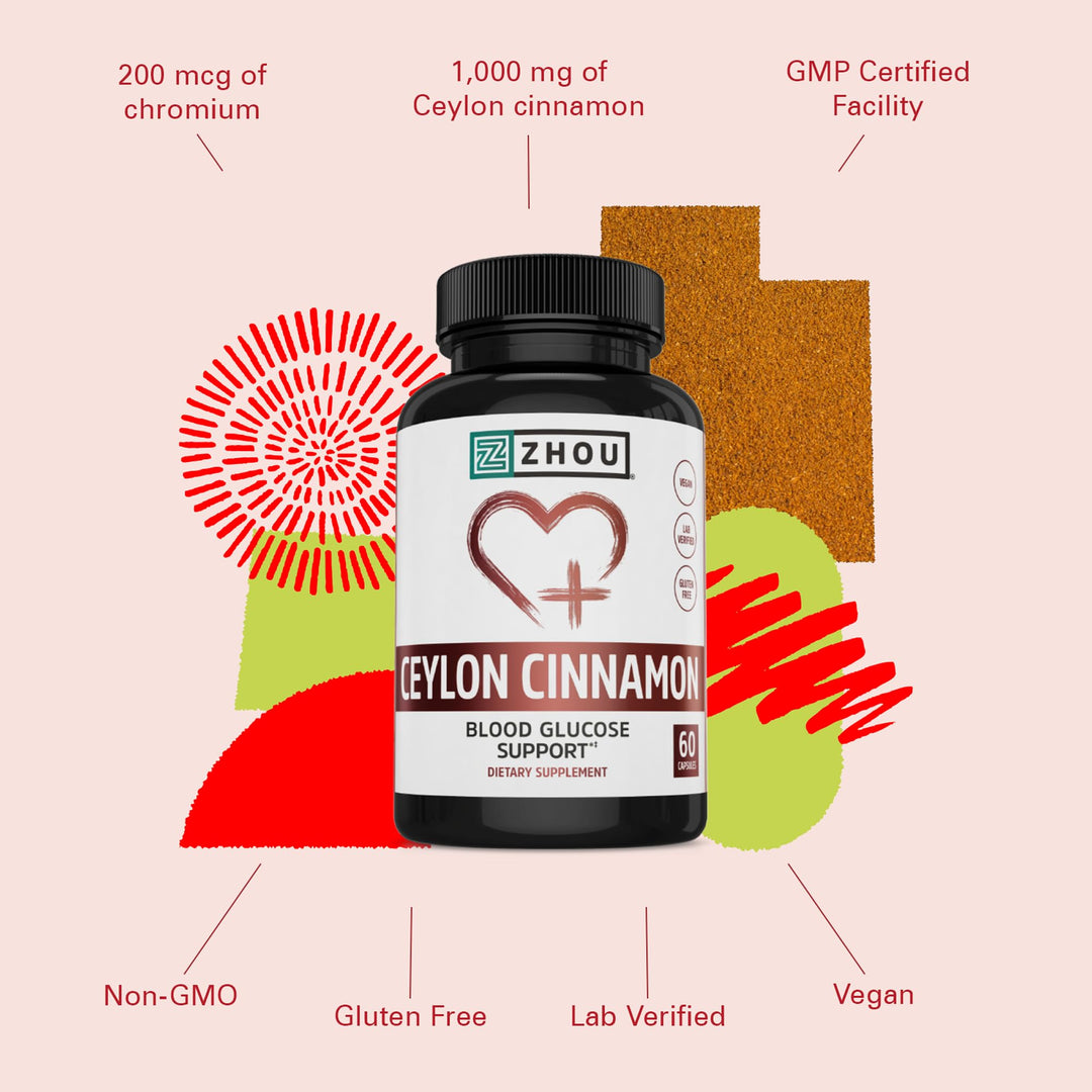 ZHOU Heart Hero Ceylon Cinnamon - Ceylon Cinnamon Capsules for Women and Men, Cinnamon Verum Supplement with 1200 mg Per Serving for Heart and Joint Health - 60 Veggie Capsules