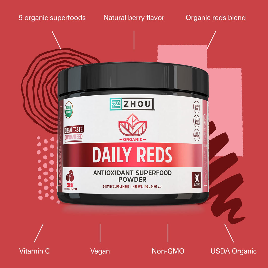 Zhou Organic Reds Powder - Red Powder Superfood with Beetroot, Super Fruits, Goji Berry, &amp; Tart Cherry, Antioxidant Support for Whole-Body Health - Natural Berry Flavor, 4.95 oz (30 Servings)