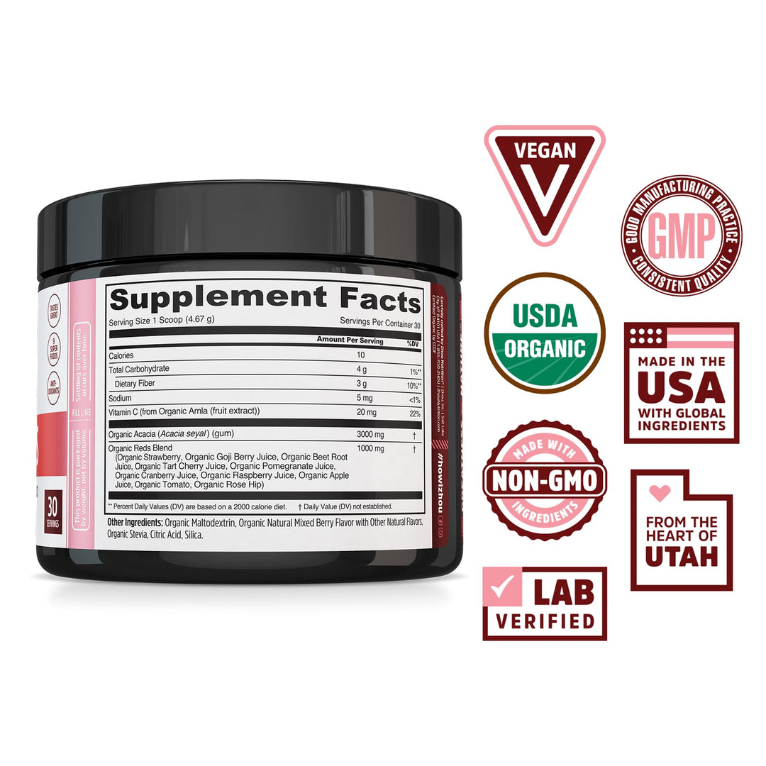 Zhou Organic Reds Powder - Red Powder Superfood with Beetroot, Super Fruits, Goji Berry, &amp; Tart Cherry, Antioxidant Support for Whole-Body Health - Natural Berry Flavor, 4.95 oz (30 Servings)