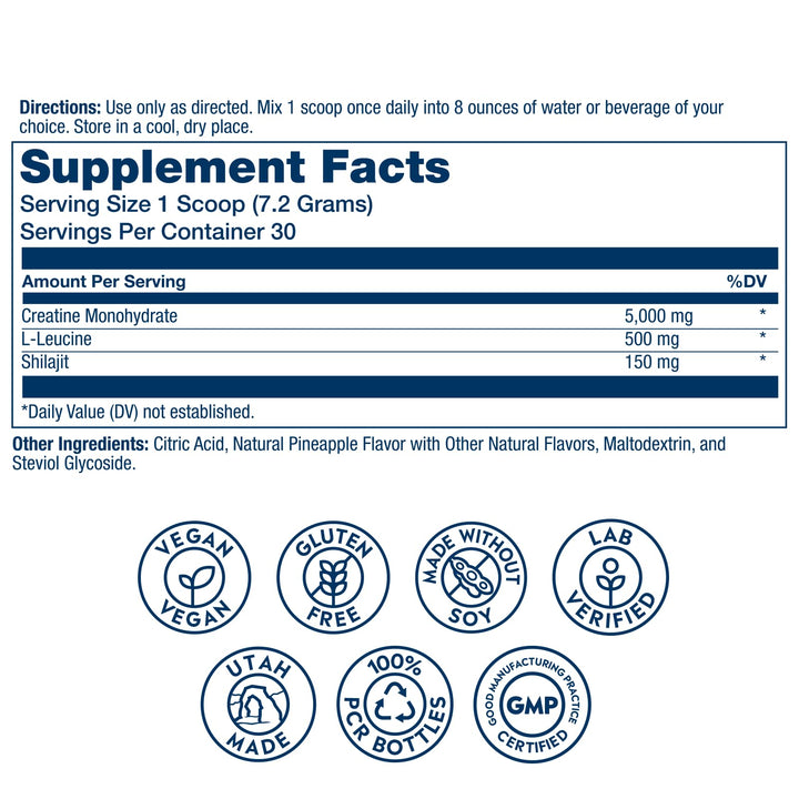 SOLARAY Creatine with Shilajit – Muscle Power and Growth Support with Creatine Monohydrate and L-Leucine Amino Acids – Natural Pineapple Flavor – Vegan, Gluten Free – 30 Servings, 7.6 OZ