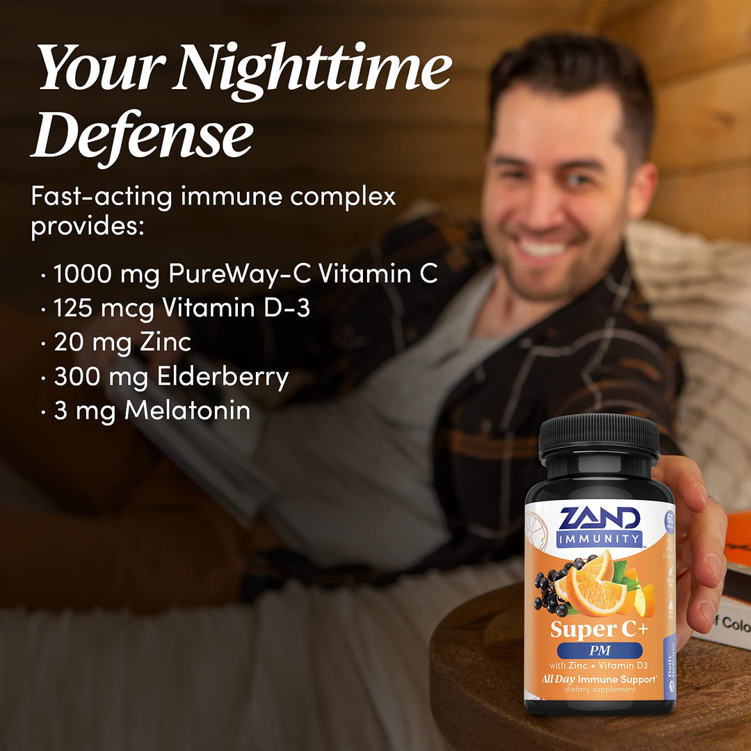 Zand Immunity Super C+ PM, Nighttime Immune Support Plus Melatonin, 1000mg PureWay-C Vitamin C, Zinc, D3 &amp; Elderberry, Enhanced Absorption - 60 Tablets, 30 Servings