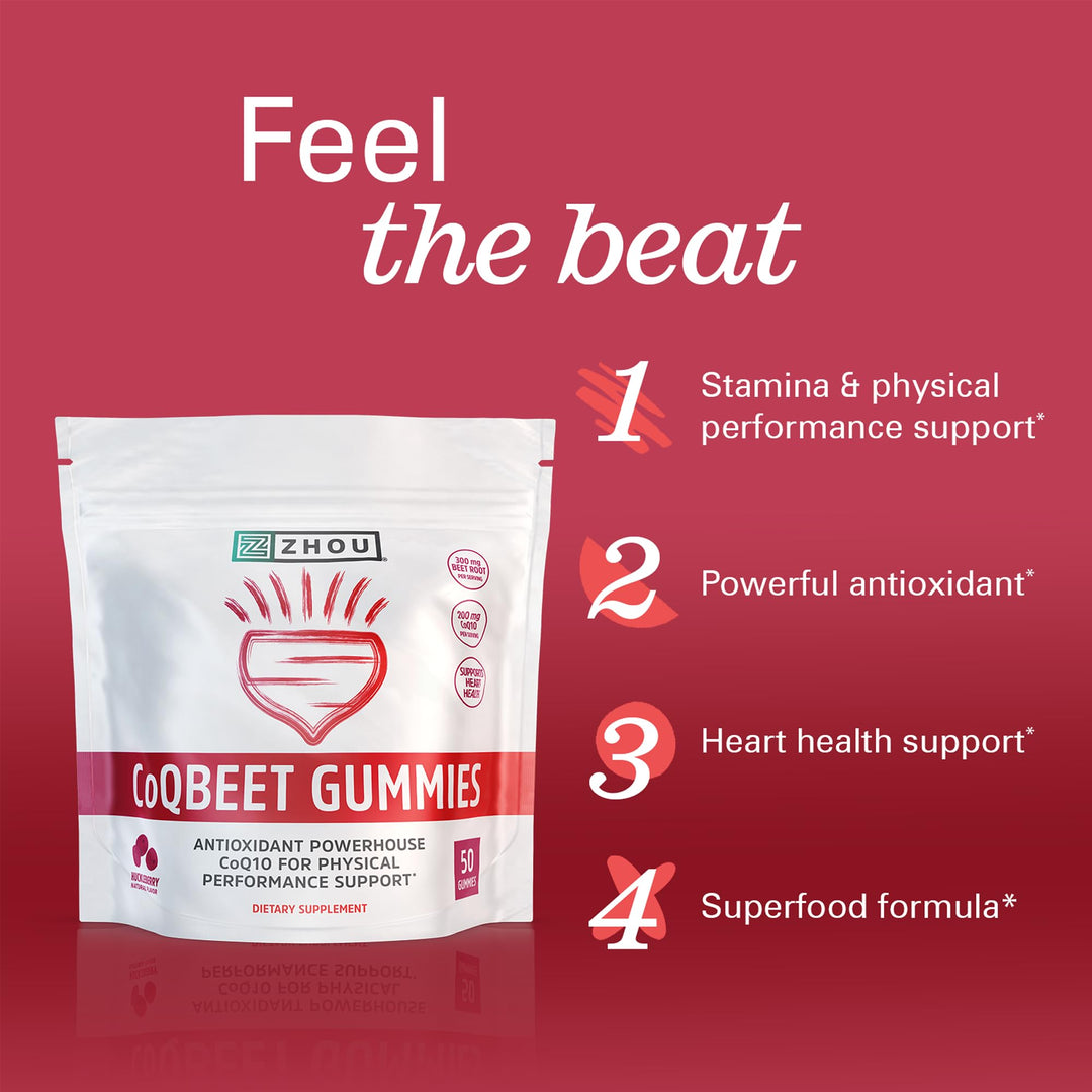 ZHOU CoQBeet Gummies - Beet Root Gummies for Men &amp; Women, Heart Health &amp; Cellular Energy Support Supplement, 300 mg Beetroot &amp; 200 mg CoQ10, Vegan, Gluten Free, Natural Huckleberry Flavor - 50 Count